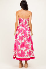 Pink Floral Strapless Midi Dress