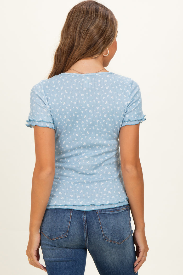Blue Floral Ruffle Trim Maternity Henley Top