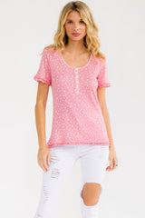 Pink Floral Ruffle Trim Henley Top