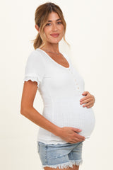 Off White Ruffle Trim Pointelle Knit Maternity Henley Top