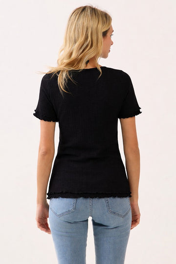 Black Ruffle Trim Pointelle Knit Henley Top