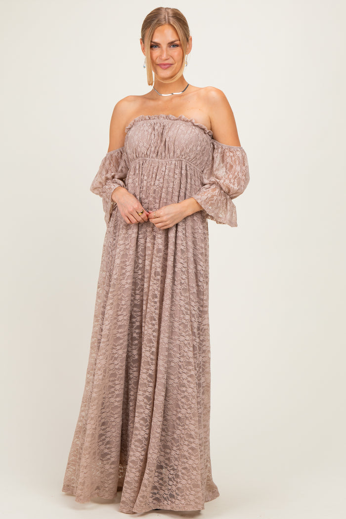 Mocha Lace Off Shoulder Maternity Maxi Dress