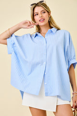 Blue Button Down Textured Stripe Oversized Shirt