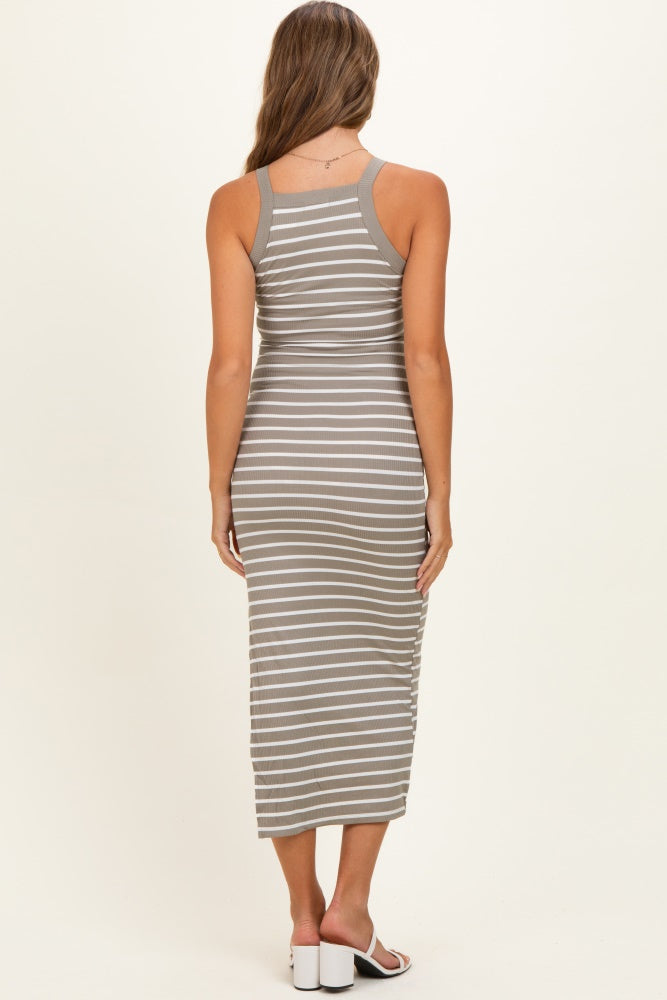 Faded Olive Striped High Neck Ribbed Maternity Maxi Dress