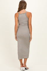 Faded Olive Striped High Neck Ribbed Maternity Maxi Dress