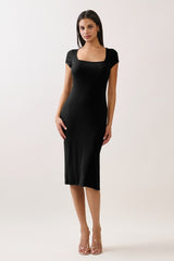 Black Square Neck Side Slit Midi Dress