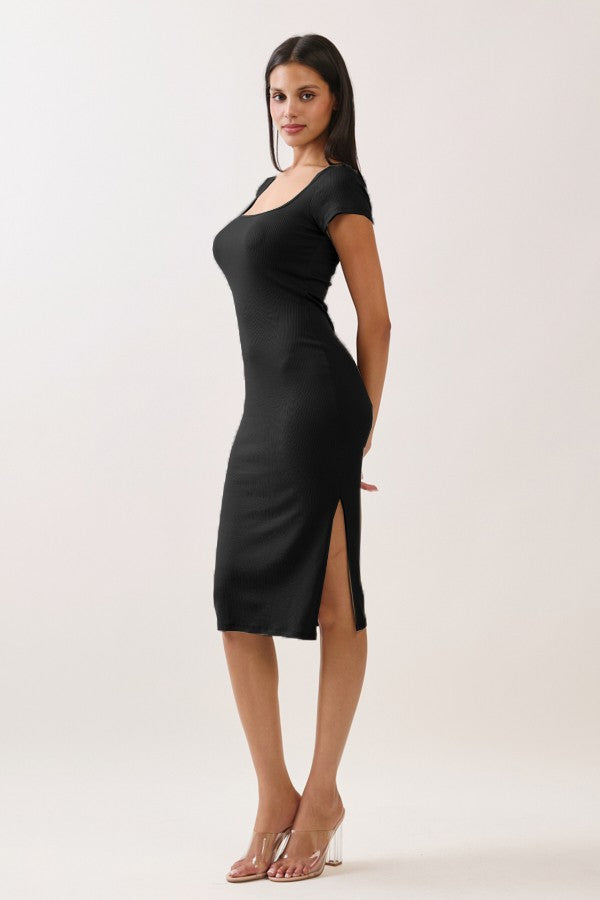 Black Square Neck Side Slit Midi Dress