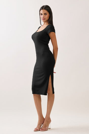 Black Square Neck Side Slit Midi Dress