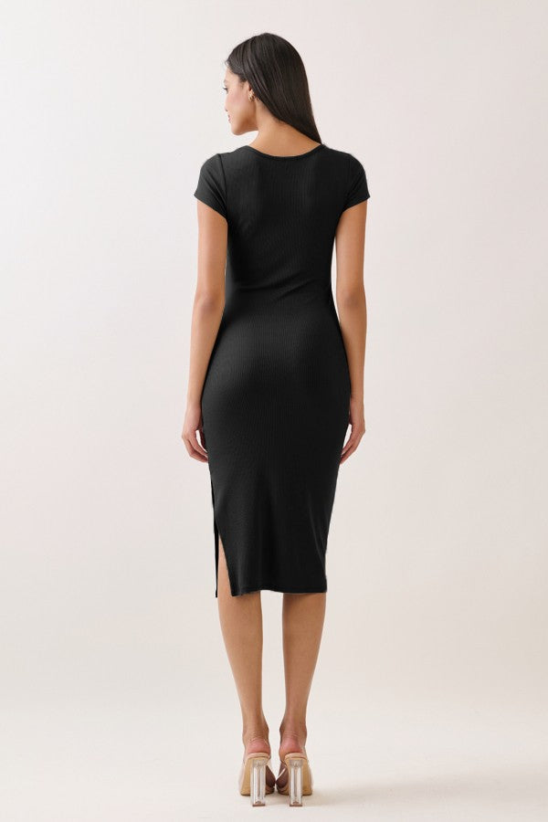 Black Square Neck Side Slit Midi Dress