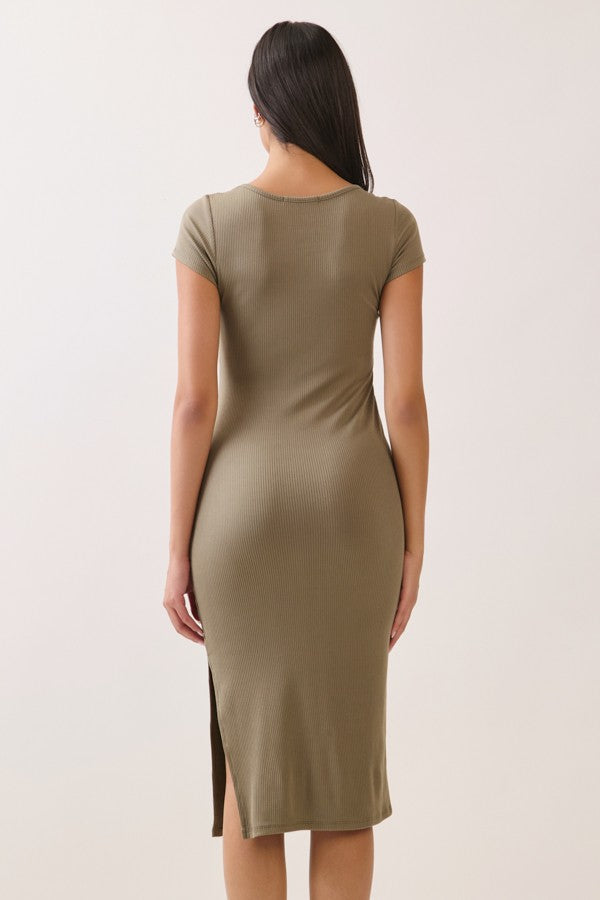 Faded Olive Square Neck Side Slit Midi Dress