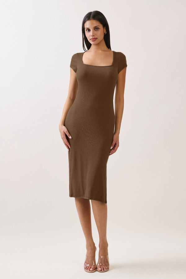 Cocoa Square Neck Side Slit Maternity Midi Dress