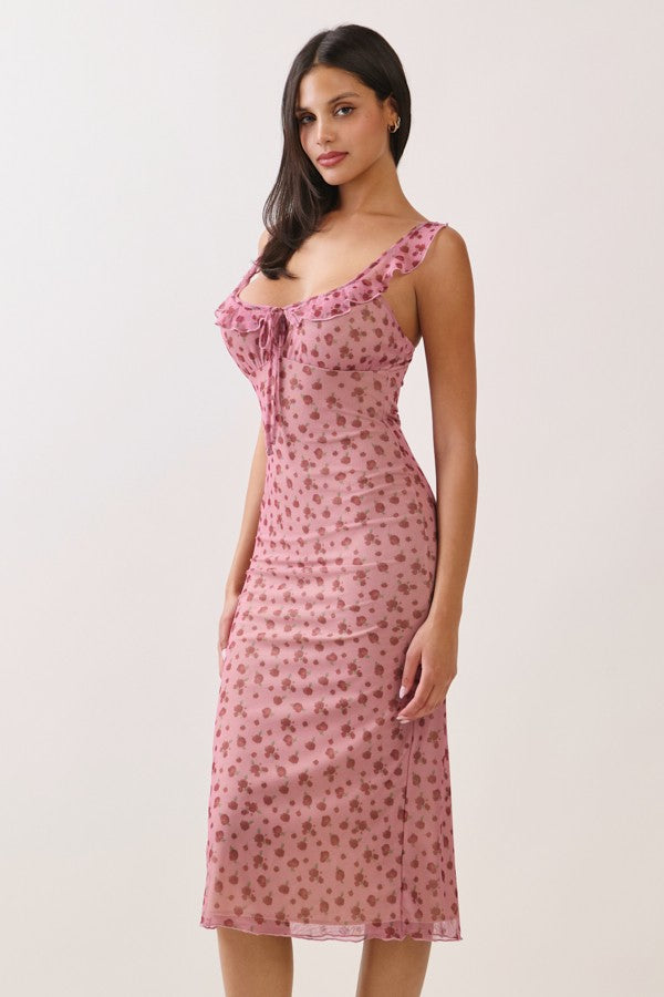 Smoke Rose Mesh Front Tie Midi Dress