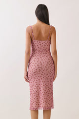 Smoke Rose Mesh Front Tie Midi Dress