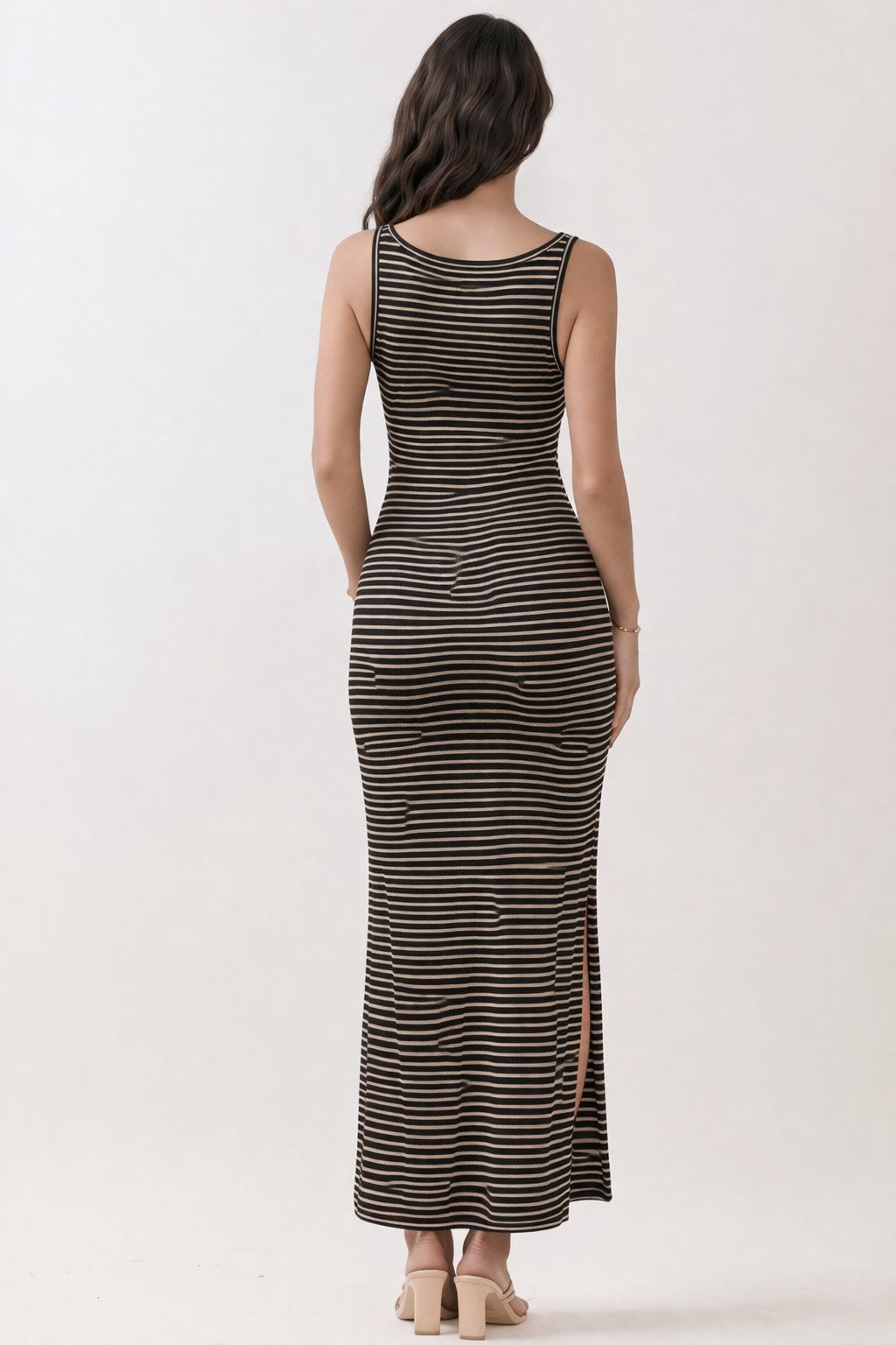 Black Beige Sleeveless Striped Maxi Dress