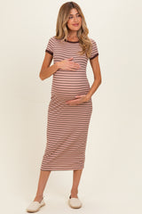 Light Pink Striped Solid Trim Maternity Midi Dress