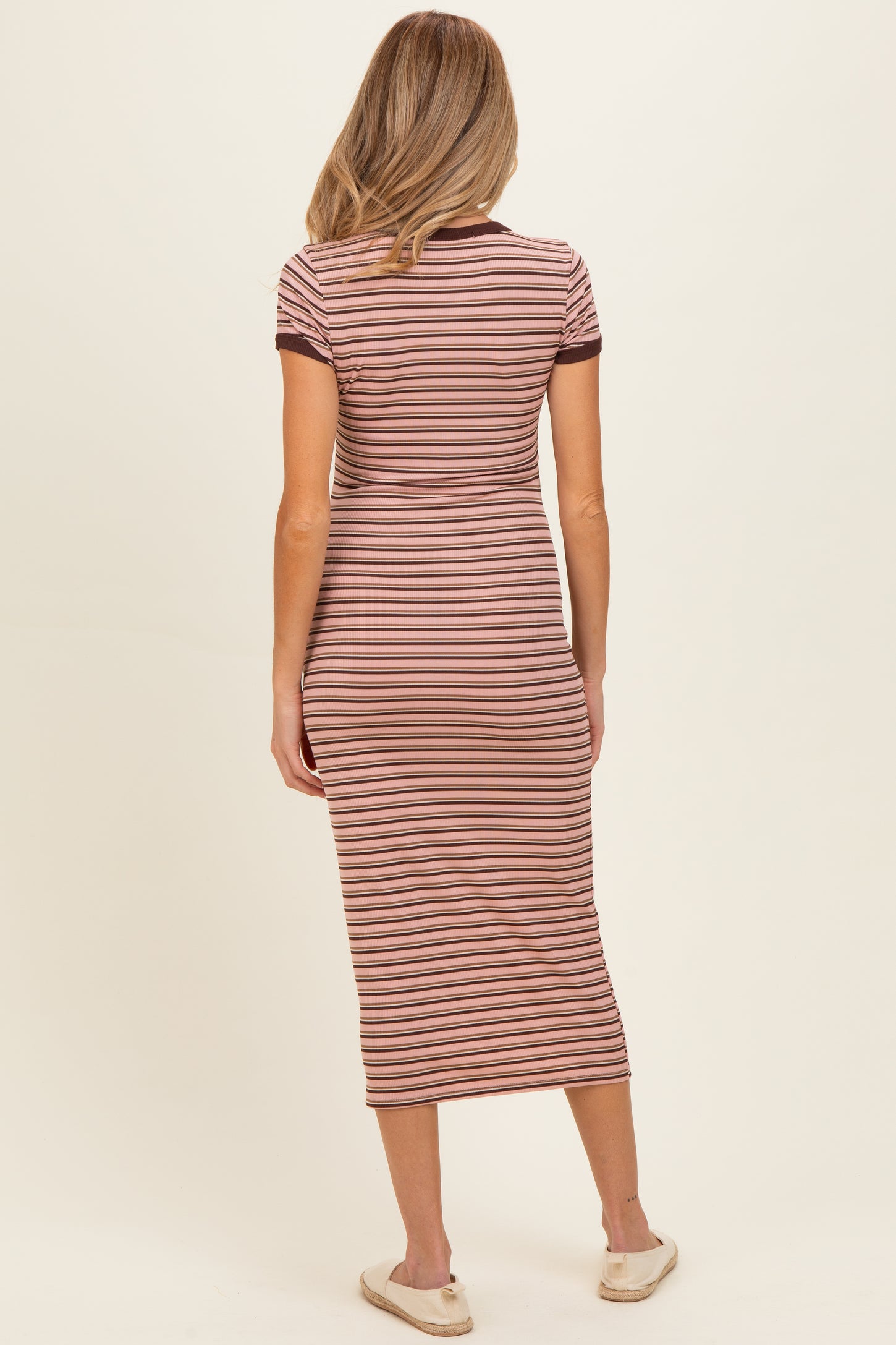 Light Pink Striped Solid Trim Maternity Midi Dress