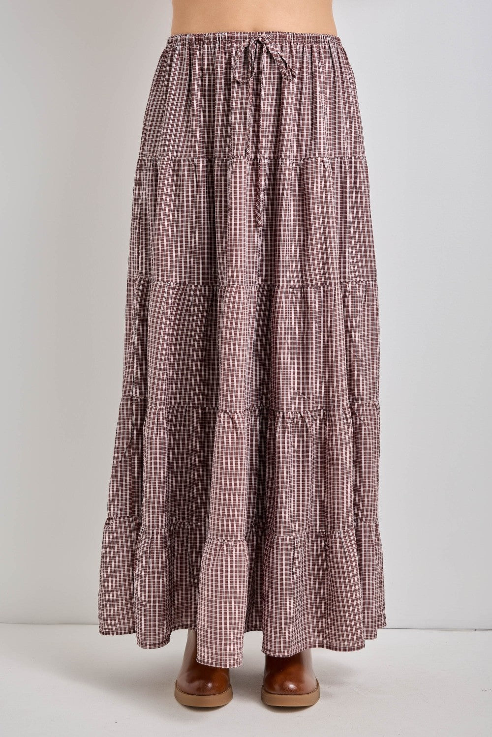 Brown Plaid Drawstring Tiered Maternity Midi Skirt