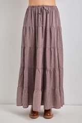 Brown Plaid Drawstring Tiered Maternity Midi Skirt