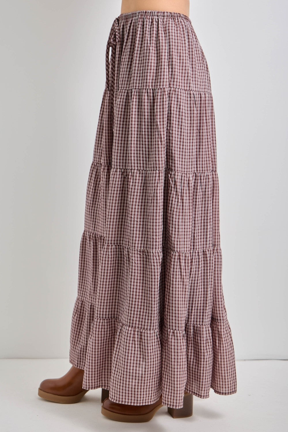 Brown Plaid Drawstring Tiered Midi Skirt