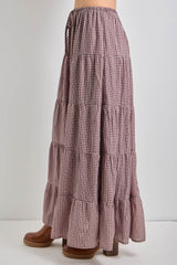 Brown Plaid Drawstring Tiered Midi Skirt