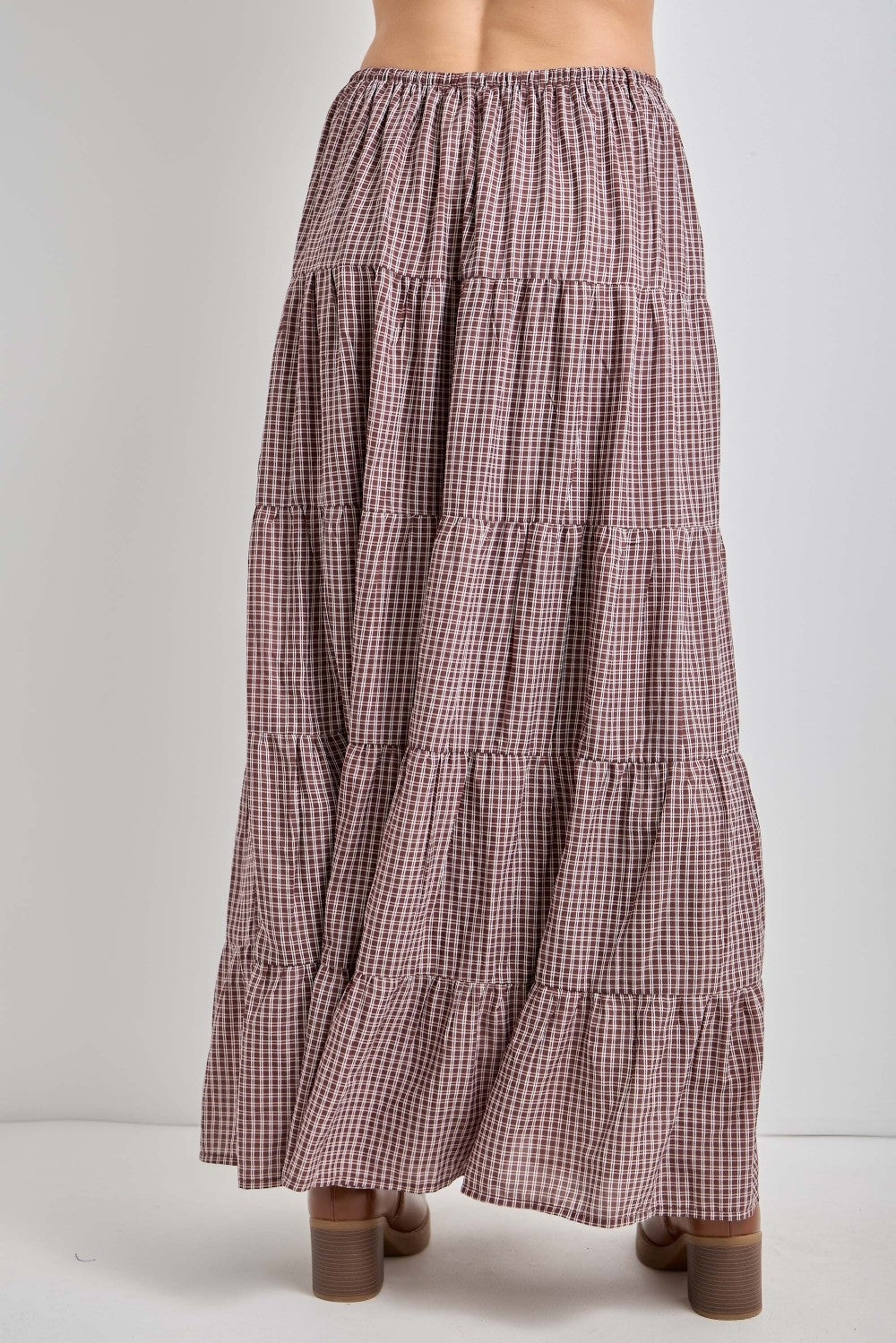 Brown Plaid Drawstring Tiered Midi Skirt