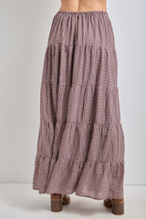 Brown Plaid Drawstring Tiered Midi Skirt