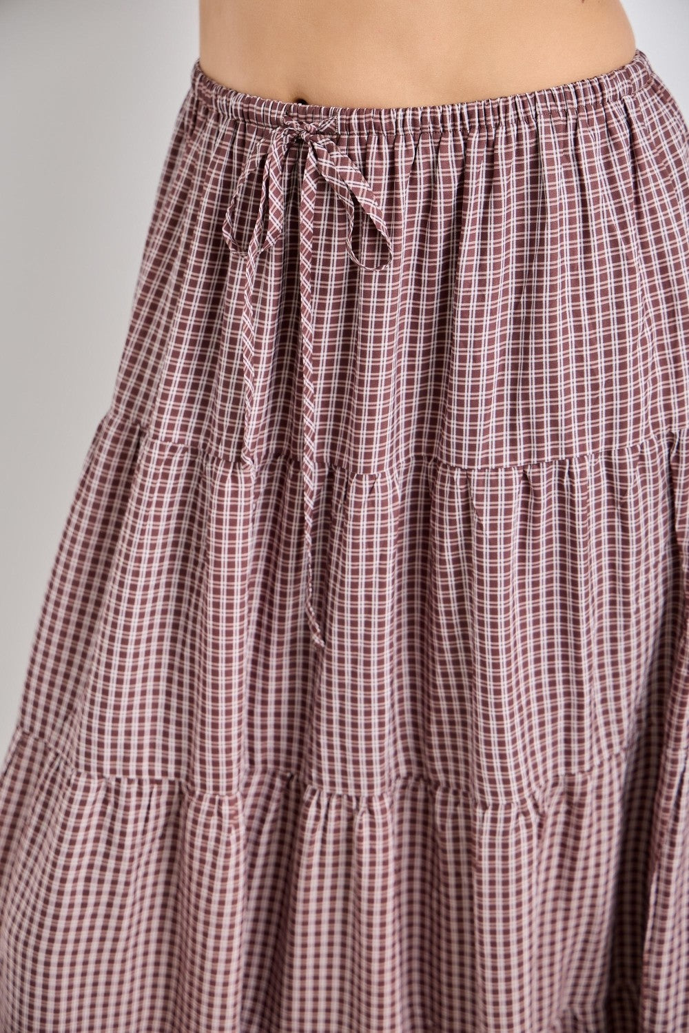 Brown Plaid Drawstring Tiered Midi Skirt