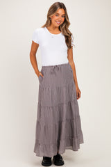 Brown Plaid Drawstring Tiered Maternity Midi Skirt
