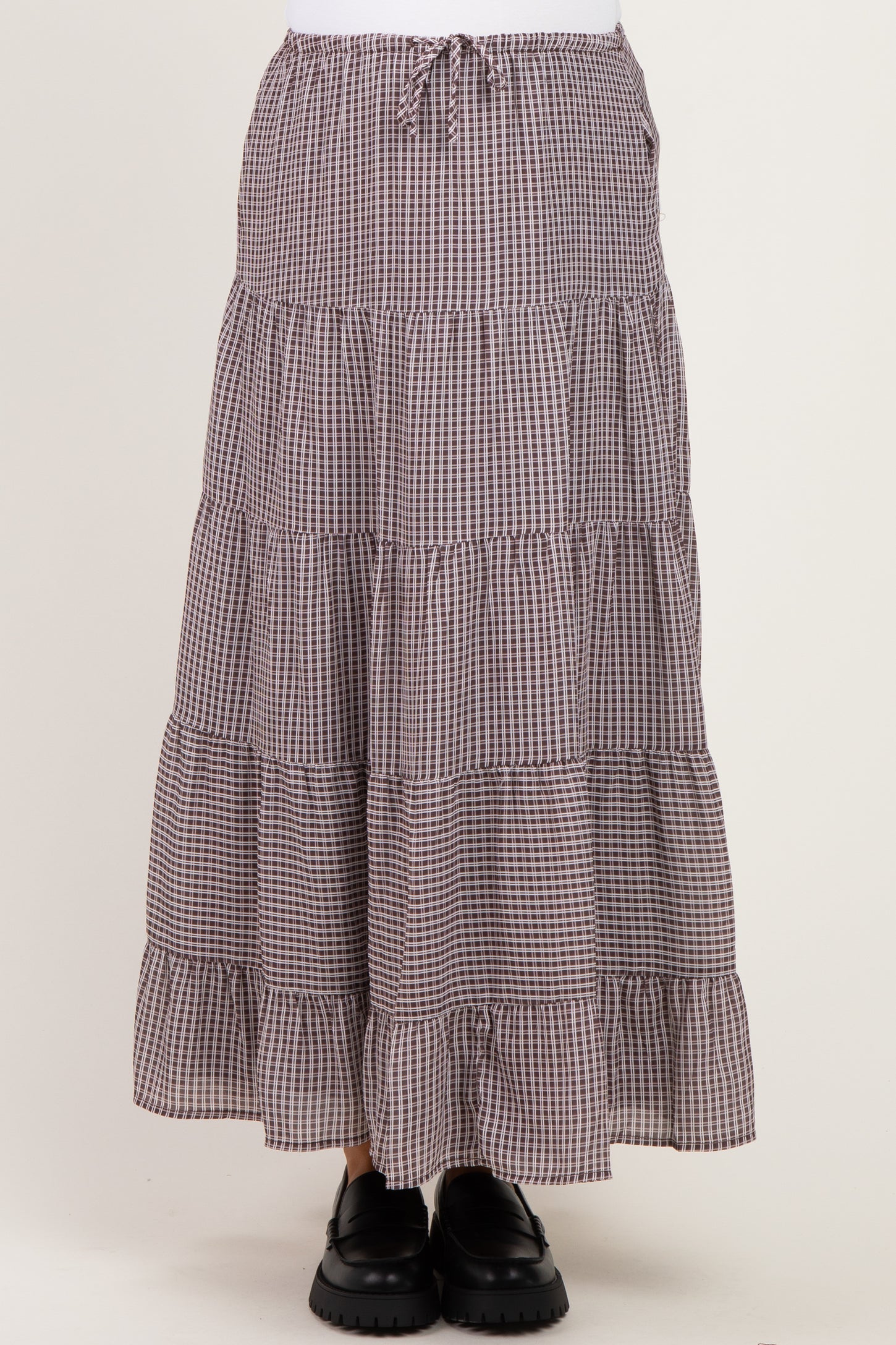 Brown Plaid Drawstring Tiered Maternity Midi Skirt