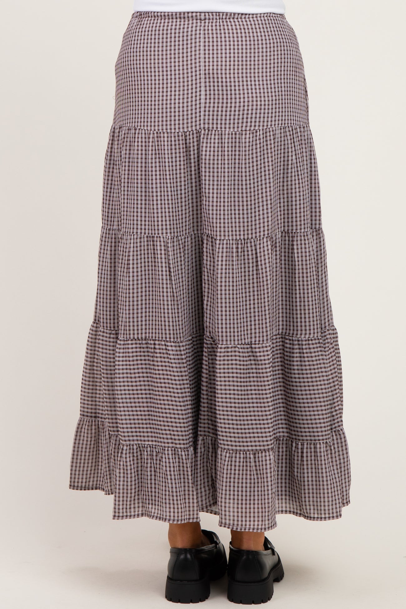 Brown Plaid Drawstring Tiered Maternity Midi Skirt