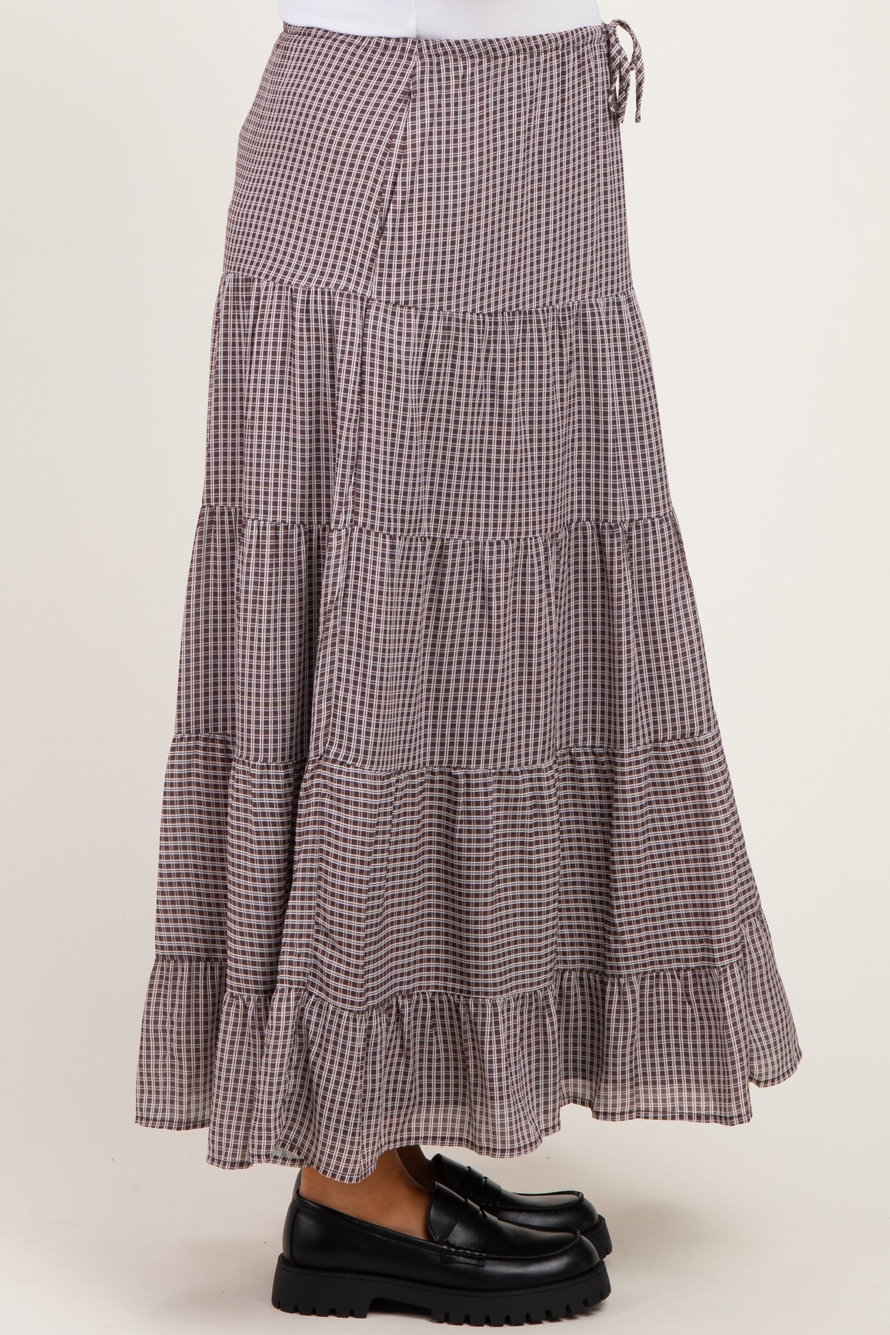 Brown Plaid Drawstring Tiered Maternity Midi Skirt