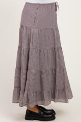 Brown Plaid Drawstring Tiered Maternity Midi Skirt