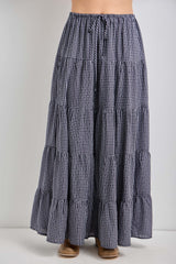 Navy Plaid Drawstring Tiered Midi Skirt
