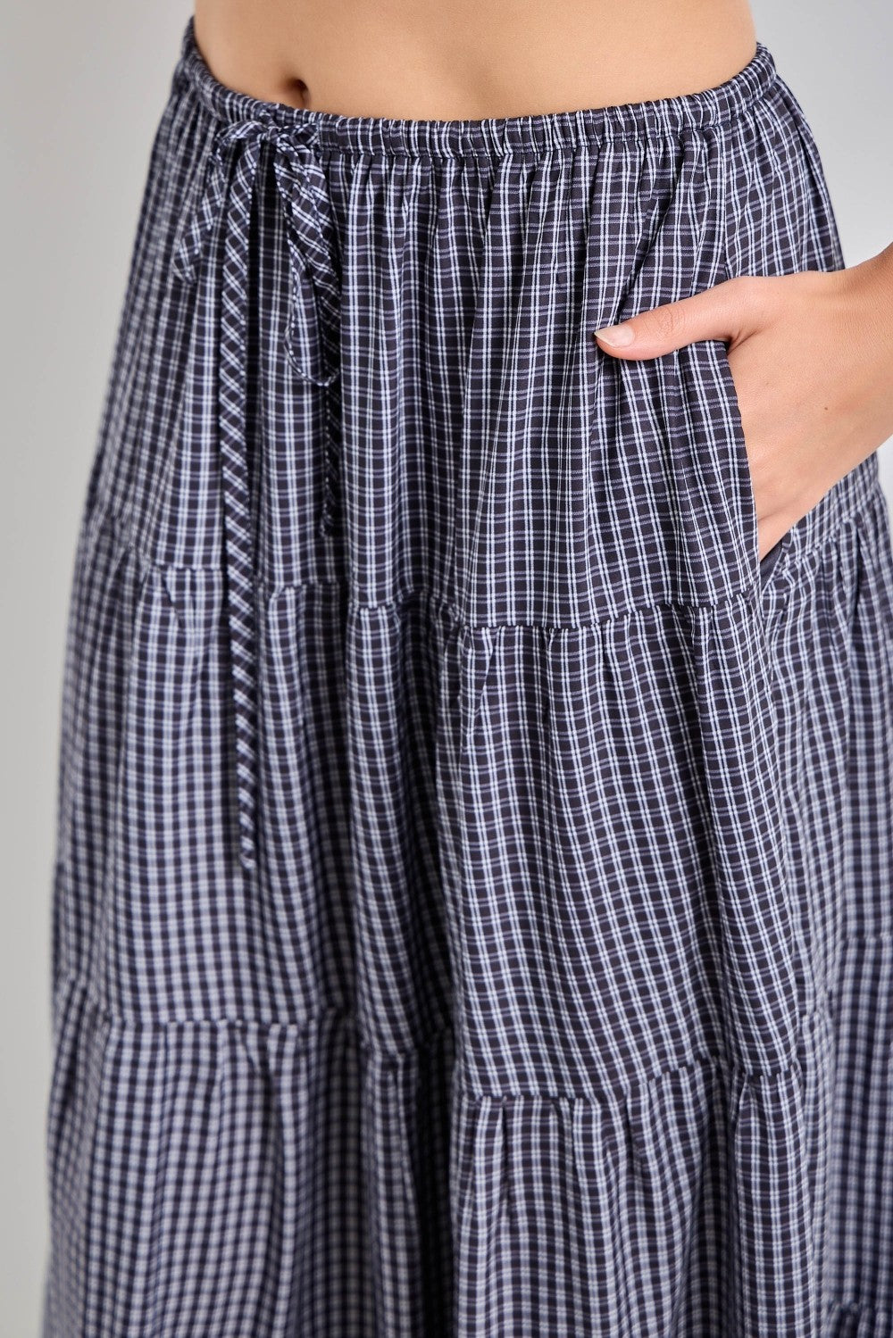 Navy Plaid Drawstring Tiered Midi Skirt