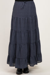 Navy Plaid Drawstring Tiered Maternity Midi Skirt