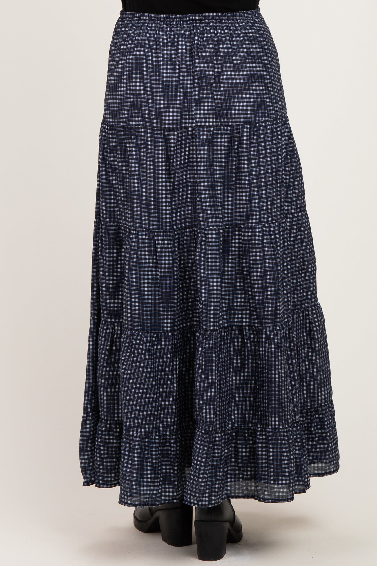 Navy Plaid Drawstring Tiered Maternity Midi Skirt