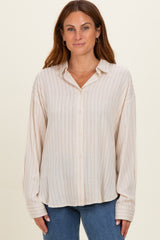 Light Taupe Brown Striped Relaxed Button-Up Maternity Shirt