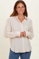 Light Taupe Brown Striped Relaxed Button-Up Shirt