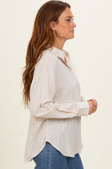 Light Taupe Brown Striped Relaxed Button-Up Shirt