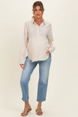 Light Taupe Brown Striped Relaxed Button-Up Maternity Shirt
