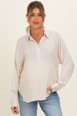 Light Taupe Brown Striped Relaxed Button-Up Maternity Shirt