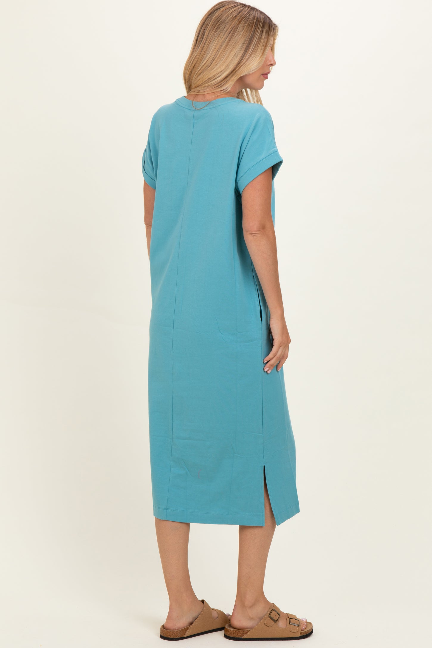 Dusty Teal Pocket Front Midi T-Shirt Dress