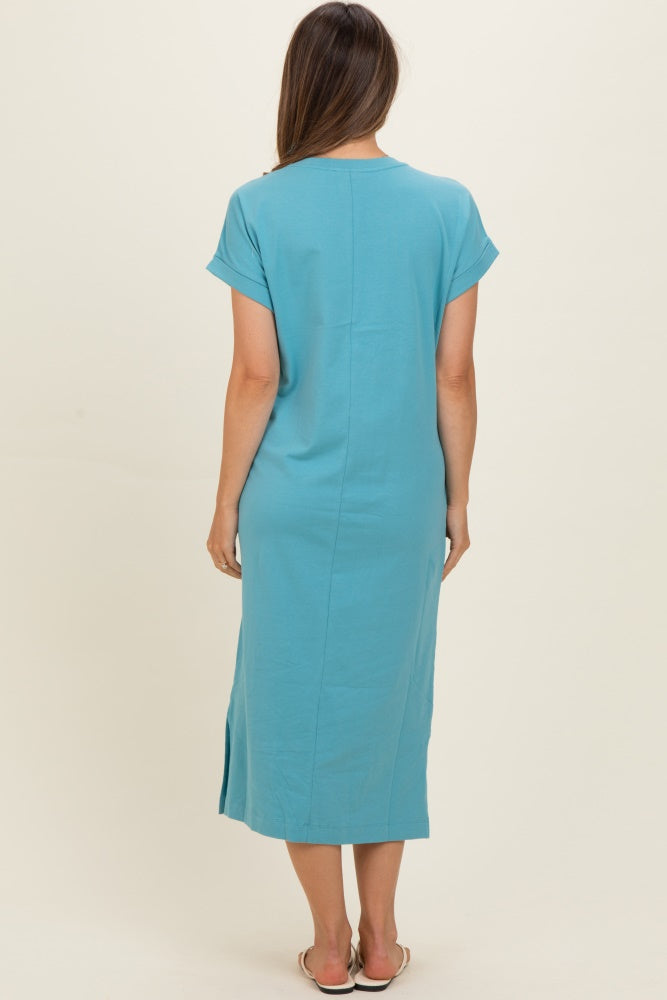 Dusty Teal Pocket Front Maternity Midi T-Shirt Dress