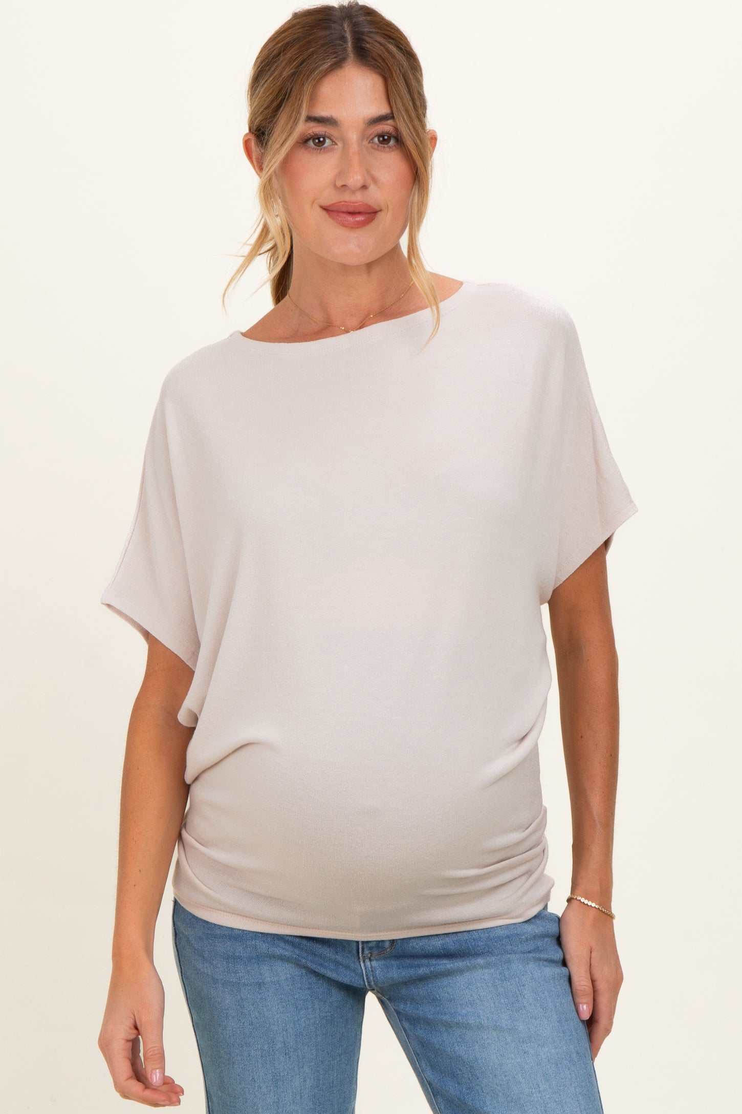 Sand Beige Dolman Sleeve Boat Neck Maternity Top
