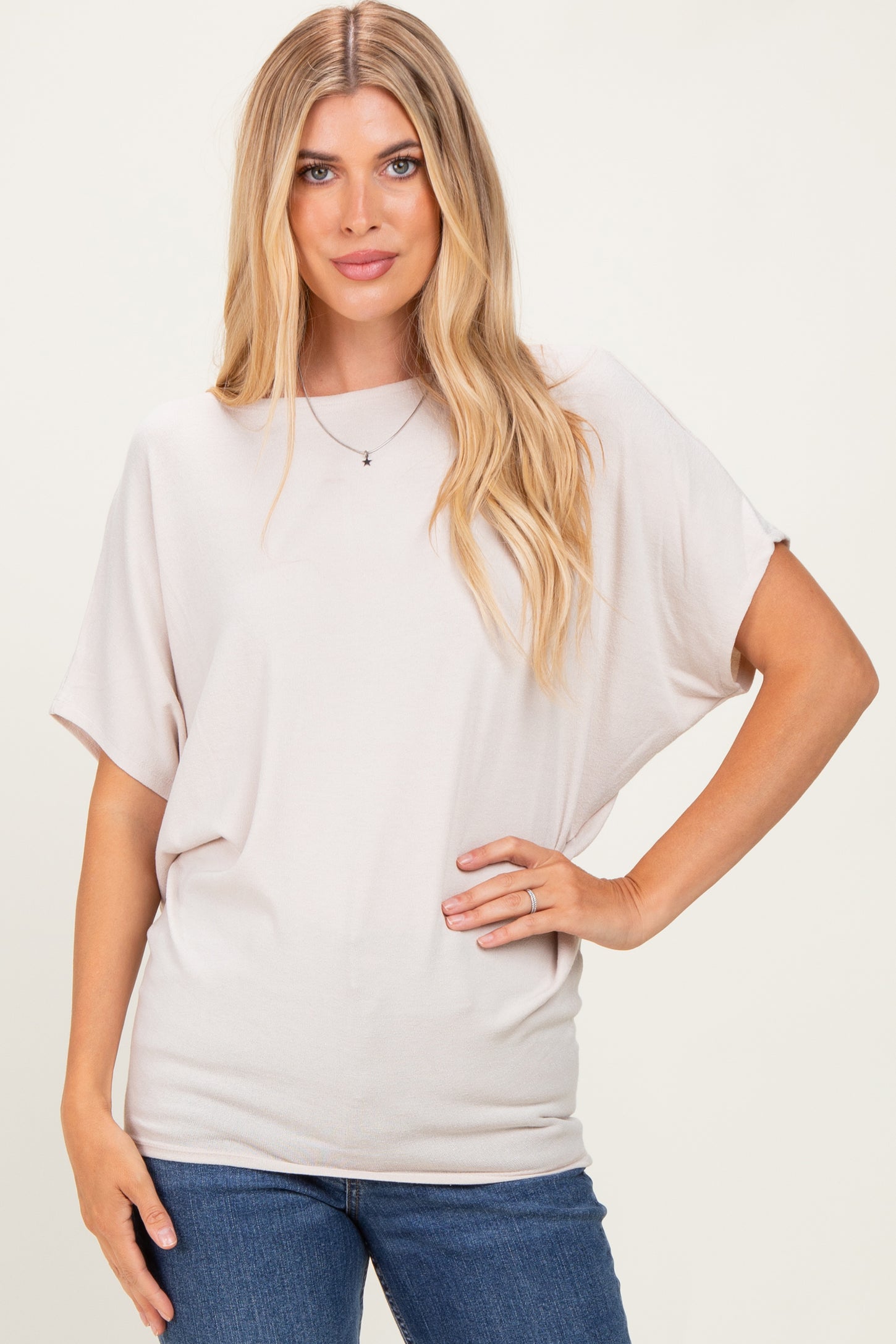 Sand Beige Dolman Sleeve Boat Neck Maternity Top