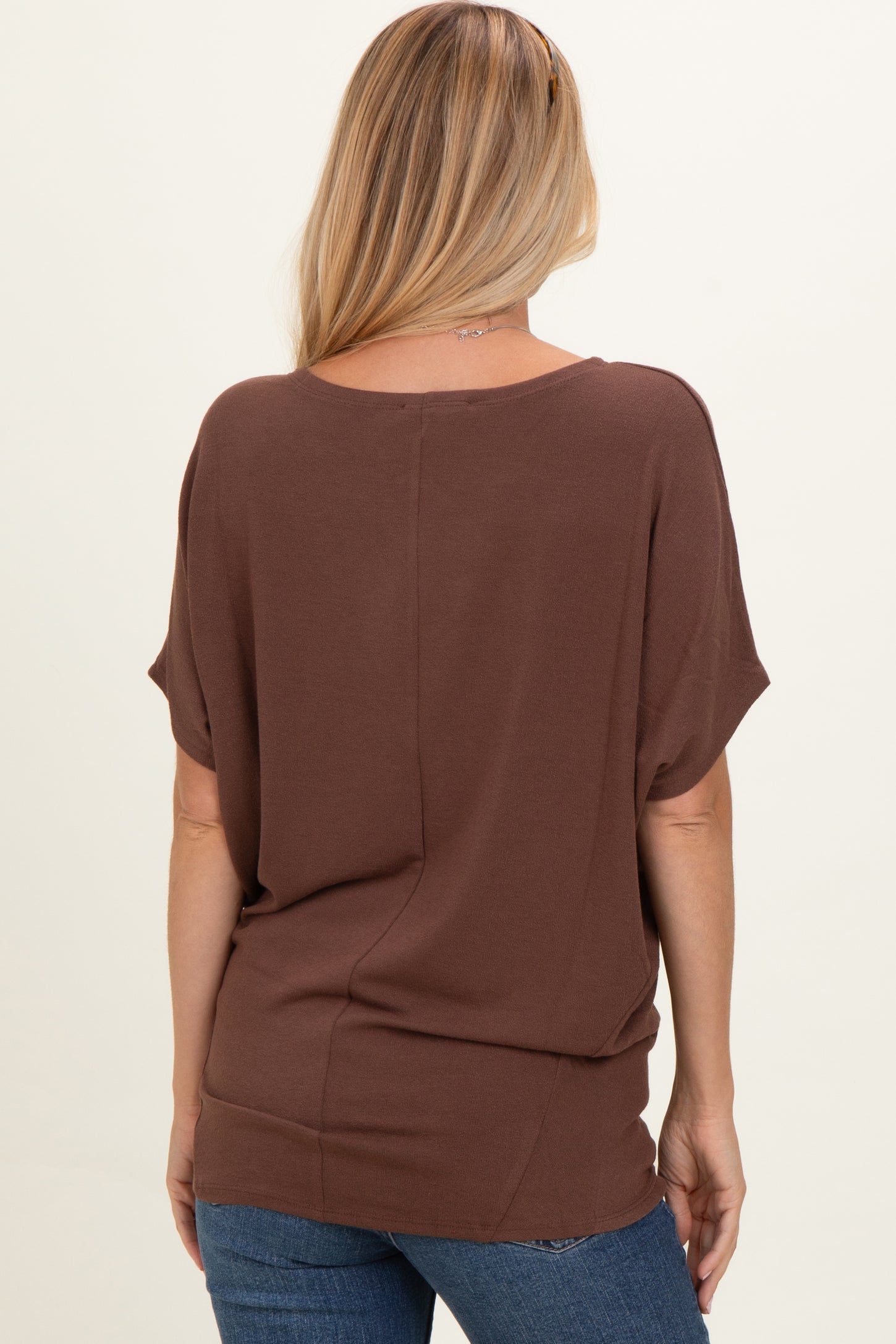 Brown Dolman Sleeve Boat Neck Top