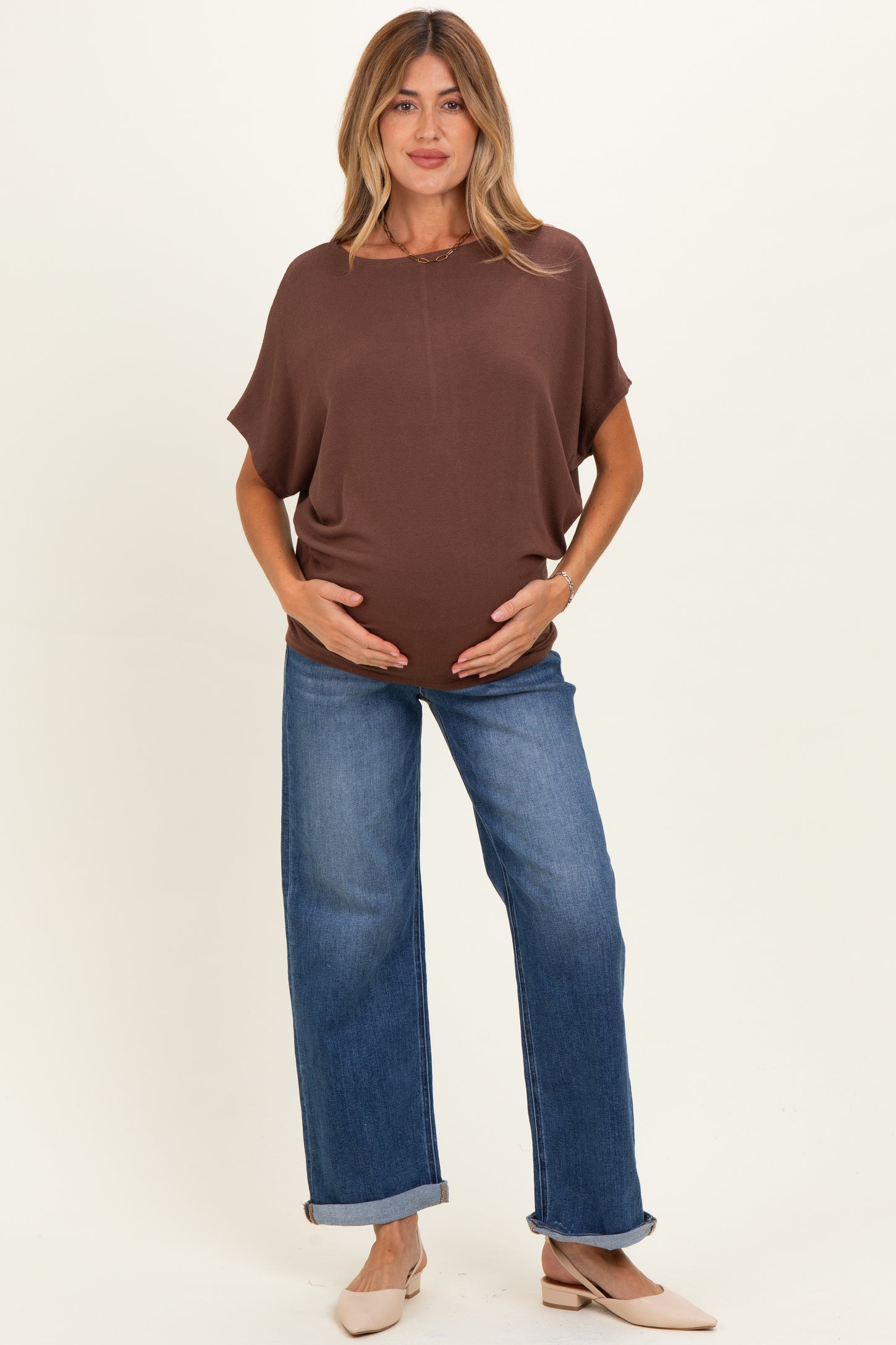 Brown Dolman Sleeve Boat Neck Maternity Top