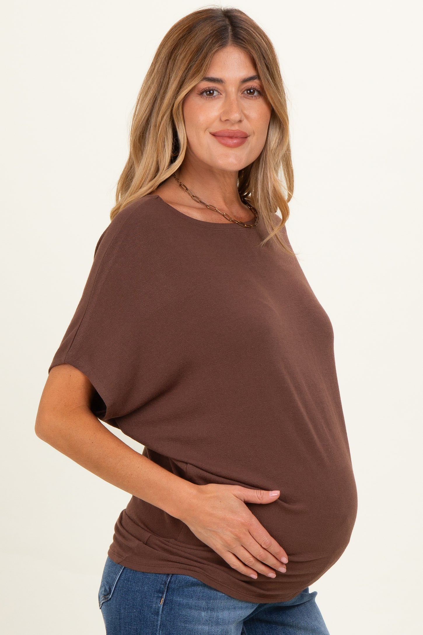 Brown Dolman Sleeve Boat Neck Maternity Top