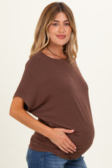 Brown Dolman Sleeve Boat Neck Maternity Top