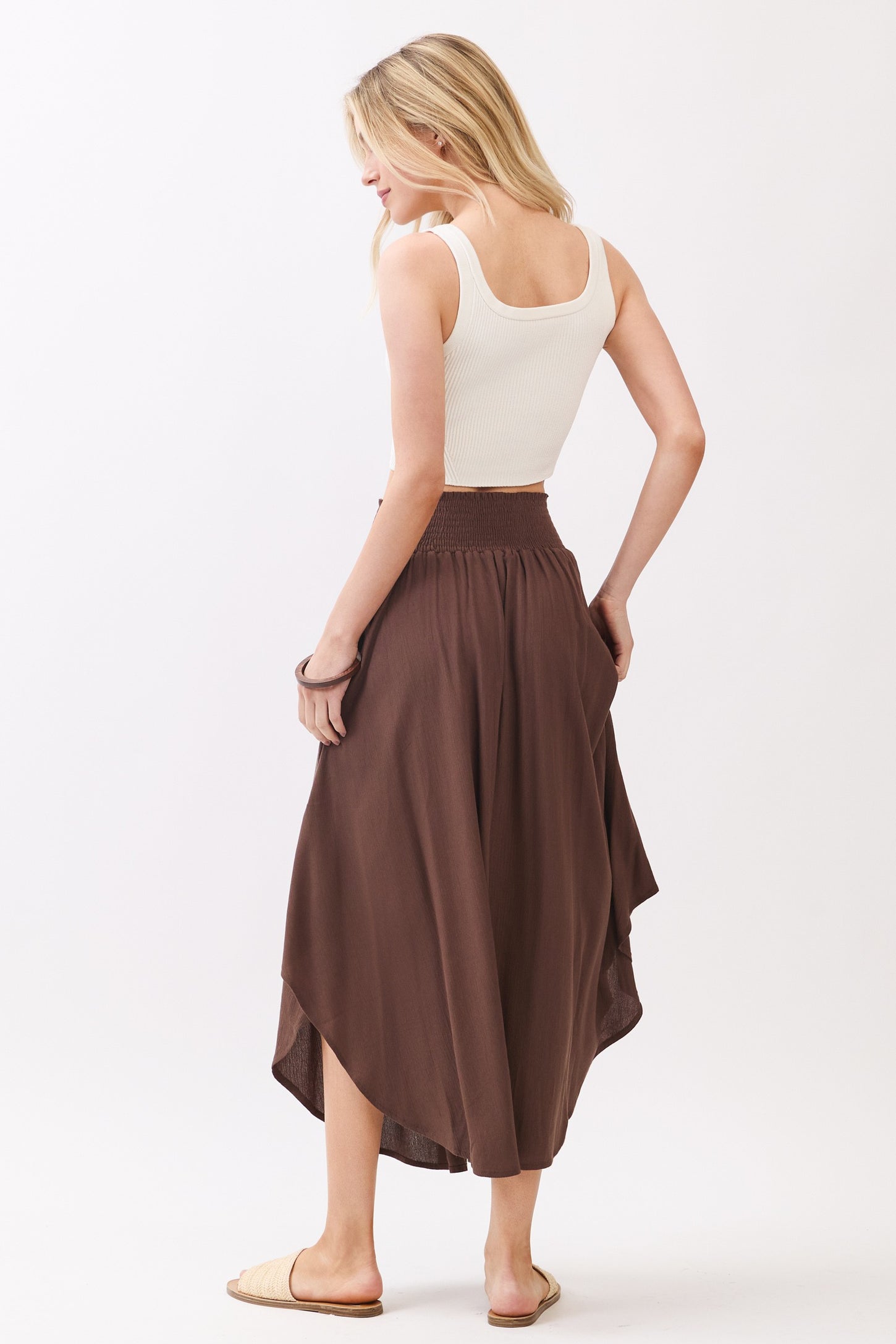 Chocolate Smocked Waist Rounded Hem Skirt